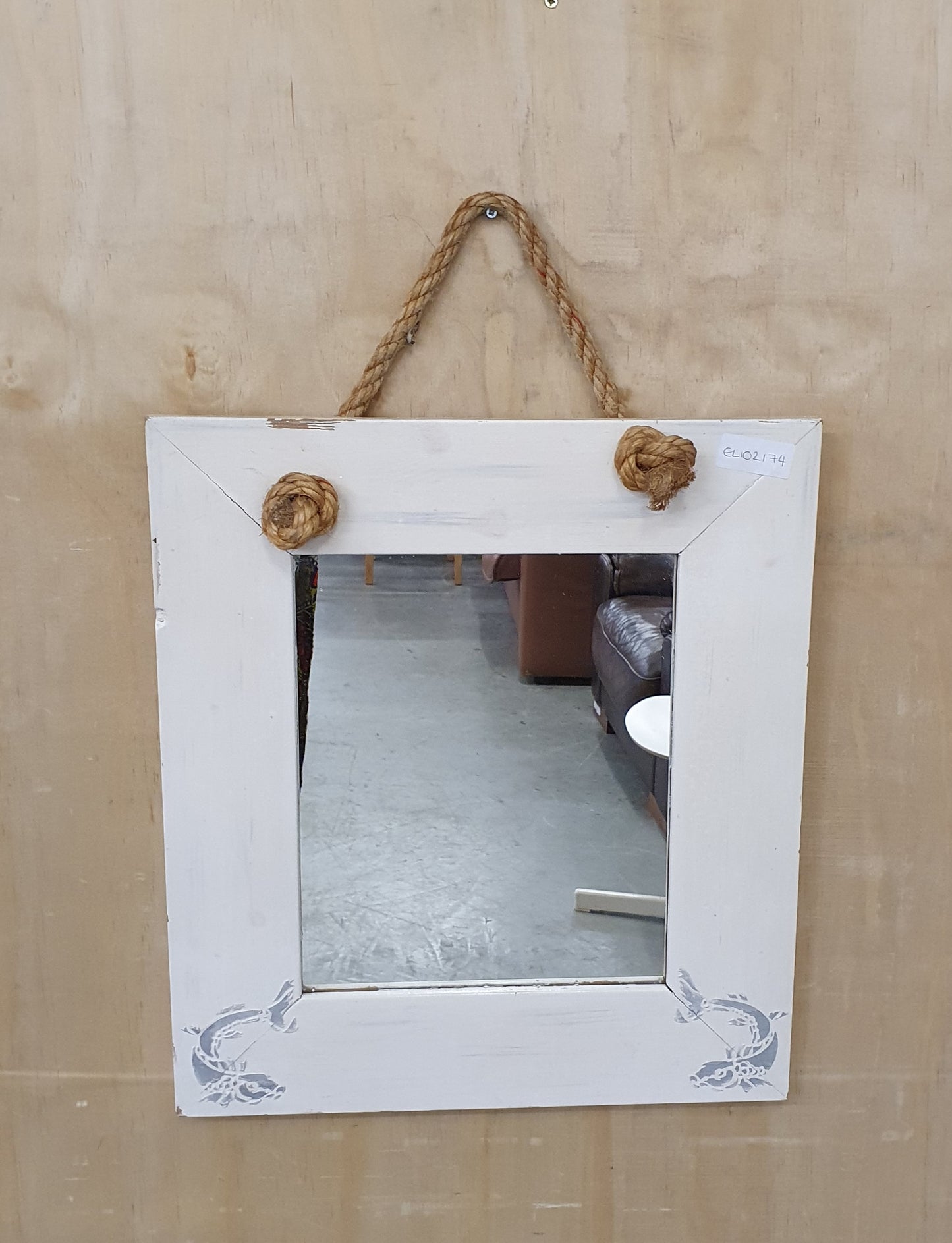 Small Mirror with Rope for Hanging and Silver Fish Stencil Front - EL102174