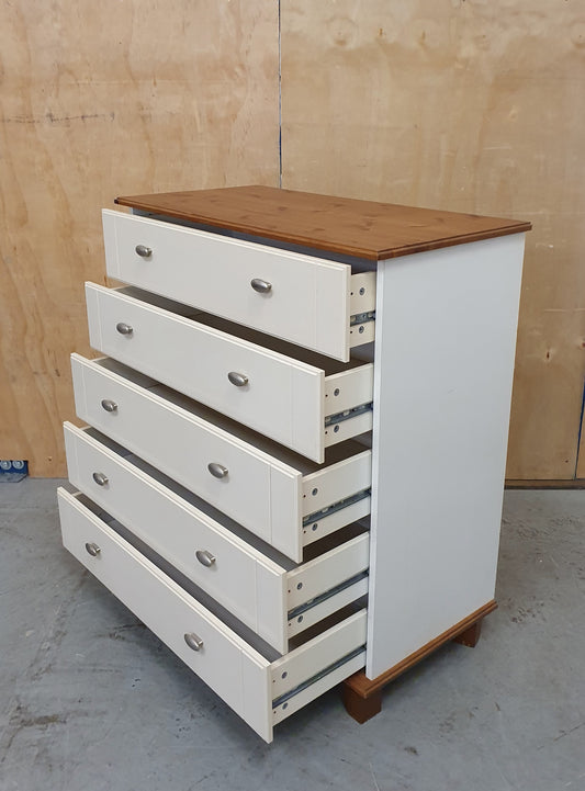 5 Drawer Cream Chest of Drawers with Pine Top and Base - 104850