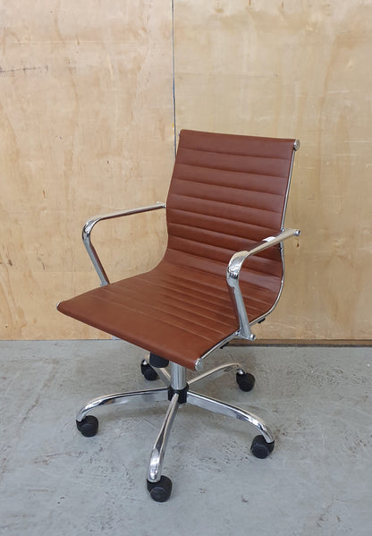 Brown Faux Leather and Chrome Office Chair on Castor Wheels - RN103184