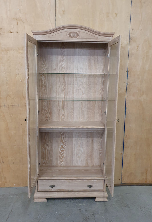 Large Wood Glass Door Cabinet with Bottom Drawer and 2 Interior Glass Shelves - 104708