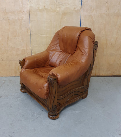 Brown Leather Armchair with Decorative Wooden Frame - 103095