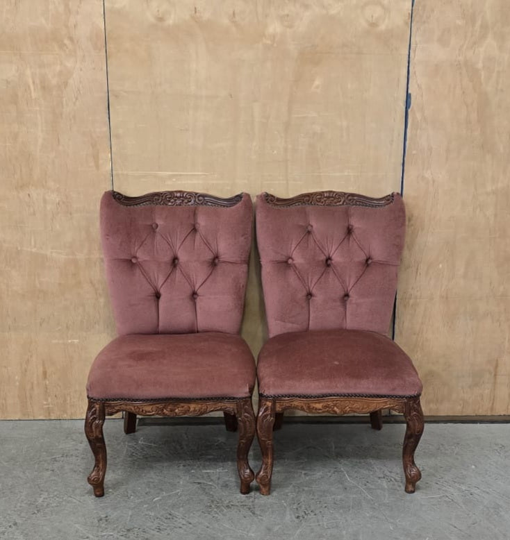 2 Matching Vintage Burgundy Velvet Slipper Chairs with Engraved Cabriole Feet - 140925-01