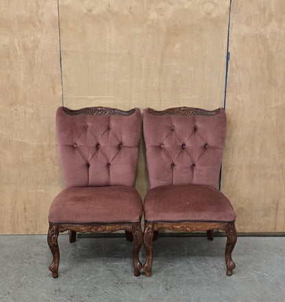2 Matching Vintage Burgundy Velvet Slipper Chairs with Engraved Cabriole Feet - 140925-01