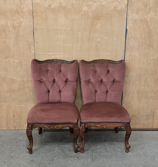 2 Matching Vintage Burgundy Velvet Slipper Chairs with Engraved Cabriole Feet - 140925-01
