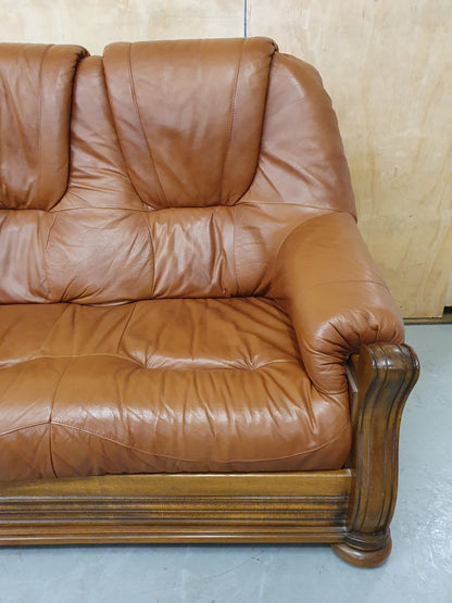 Brown Leather 2 Seater Sofa with Decorative Wooden Frame - 103093