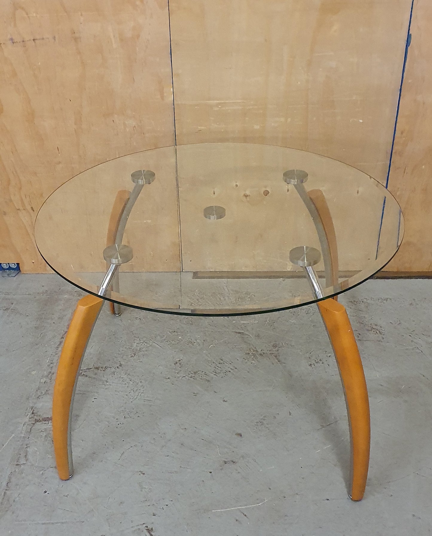 Round Glass Dining Table with Wooden Edge Chrome Curved Feet  - 104680