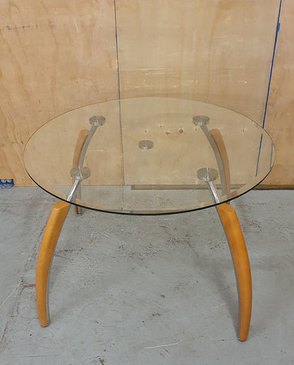 Round Glass Dining Table with Wooden Edge Chrome Curved Feet  - 104680