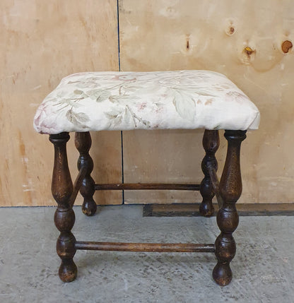 Small Mahogany Frame Foot Stool with Floral Fabric Seat Cover - EL104483
