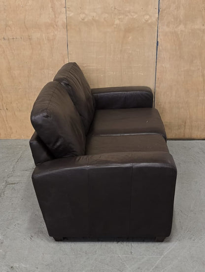 2 Seater Brown Leather Sofa with Block Wood Feet - 104702