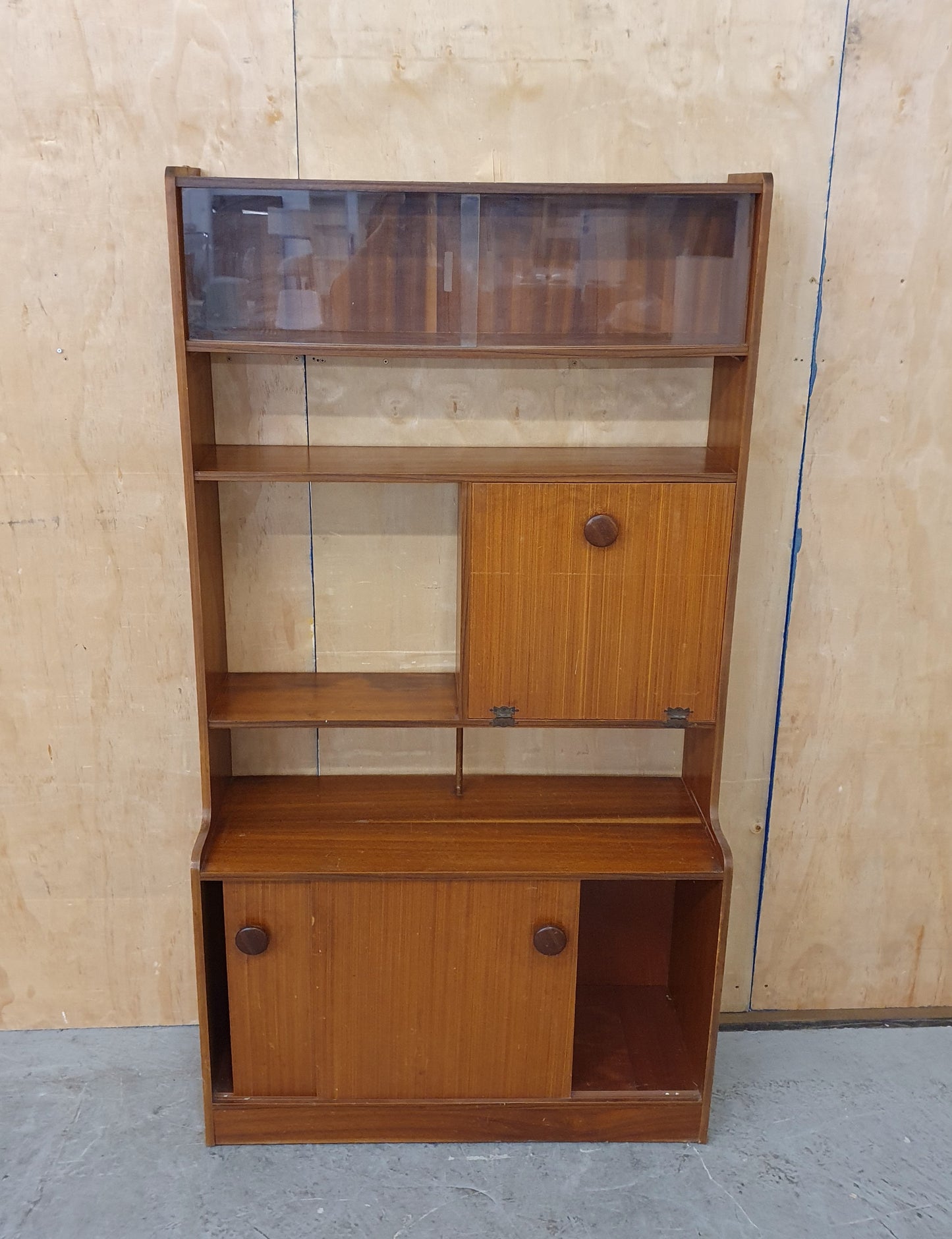 Vintage Wood Display Cabinet with Sliding Top Glass Doors Extra Storage Areas and on Wheels - 104537