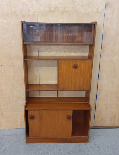 Vintage Wood Display Cabinet with Sliding Top Glass Doors Extra Storage Areas and on Wheels - 104537