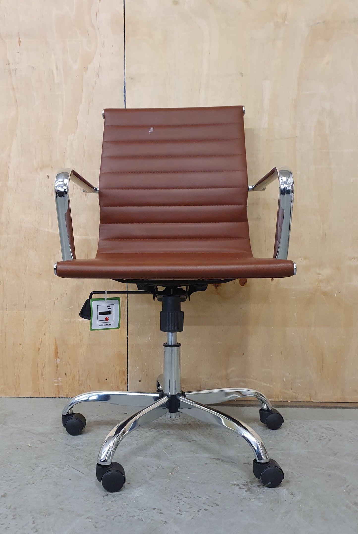 Brown Faux Leather and Chrome Office Chair on Castor Wheels - RN103156