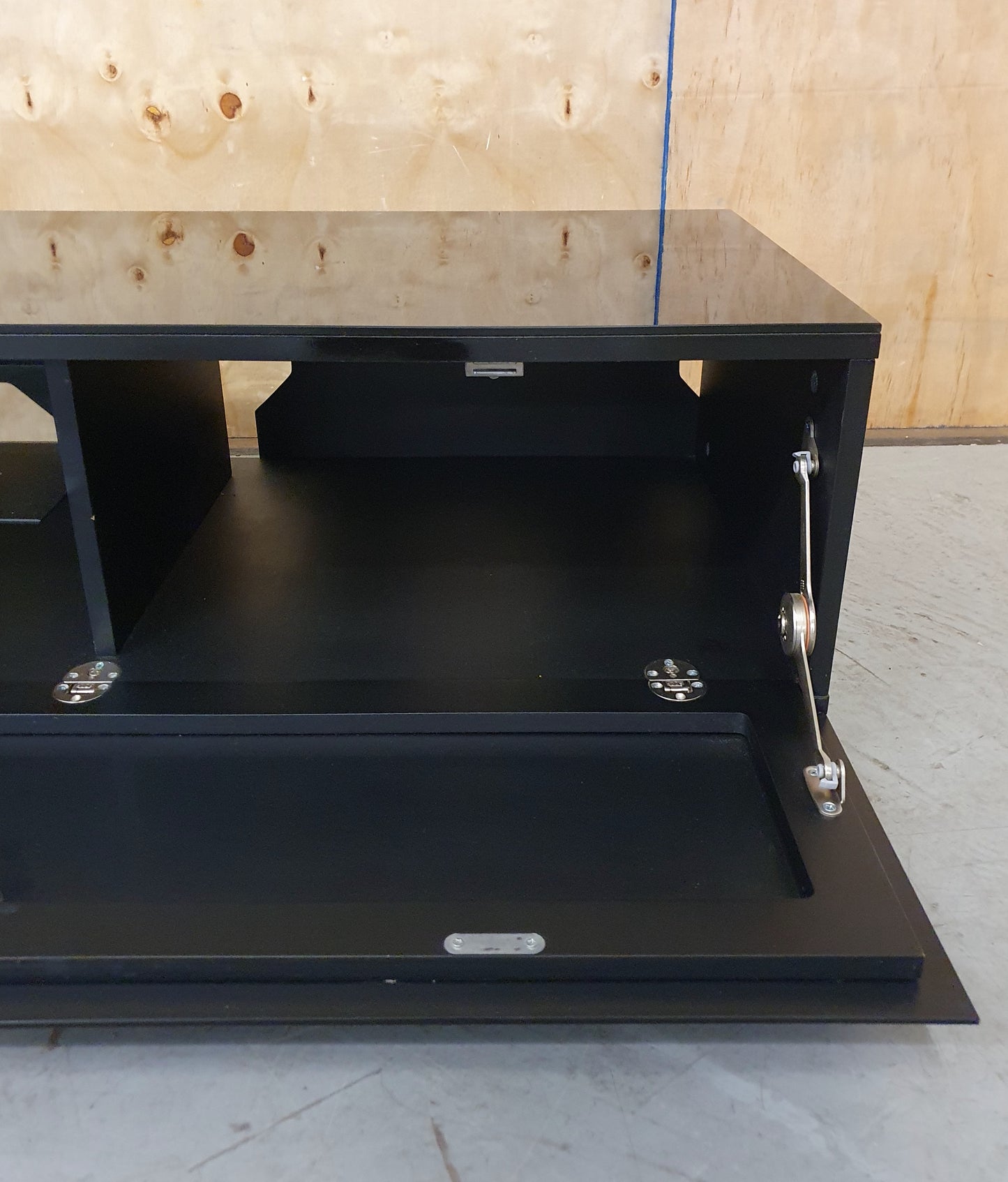 Black Glass TV Stand with Open Front and Interior Shelving - 103035