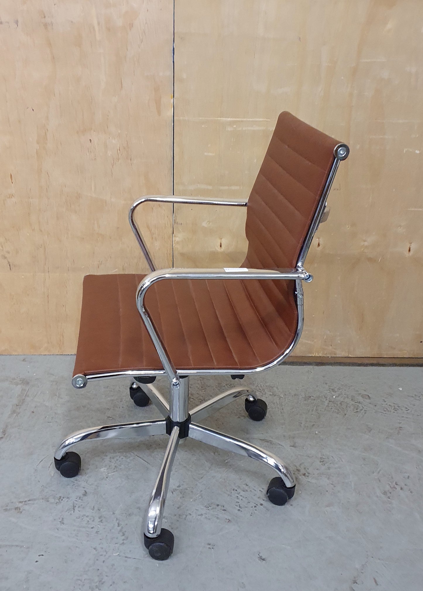 Brown Faux Leather and Chrome Office Chair on Castor Wheels - RN103184