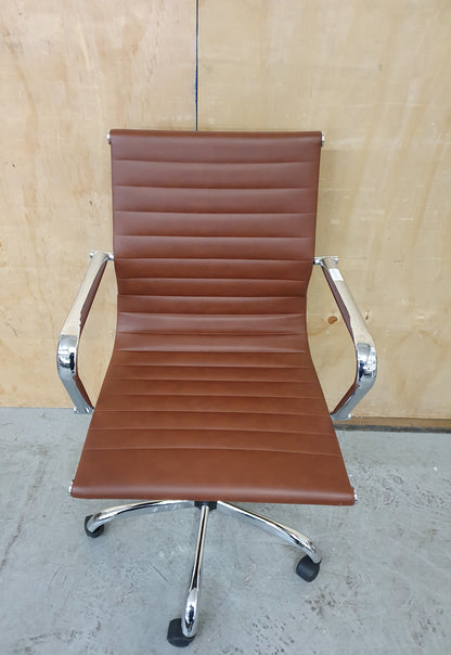 Brown Faux Leather and Chrome Office Chair on Castor Wheels - RN103186