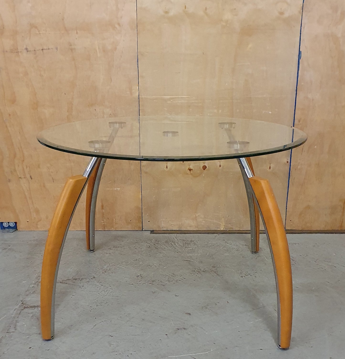 Round Glass Dining Table with Wooden Edge Chrome Curved Feet  - 104680